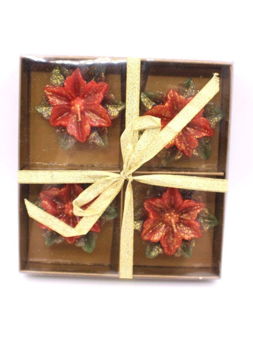 Poinsettia Floater Candles 4-Pack Gift Boxed Holiday Decor Red Gold Sparkle Vtg